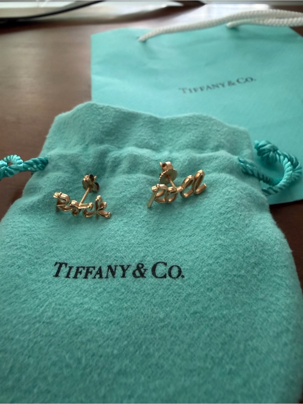 Tiffany & Co. Gold 'Rock Roll' Script Stud Earrings